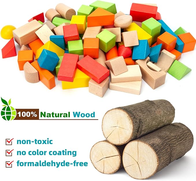 Wooden Building Blocks Set - Stacker Stacking Preschool Learning Educational Toys with Carrying Bag, Toddler Toys for 3+ Year Old Boy and Girl Gifts (80 Pcs)