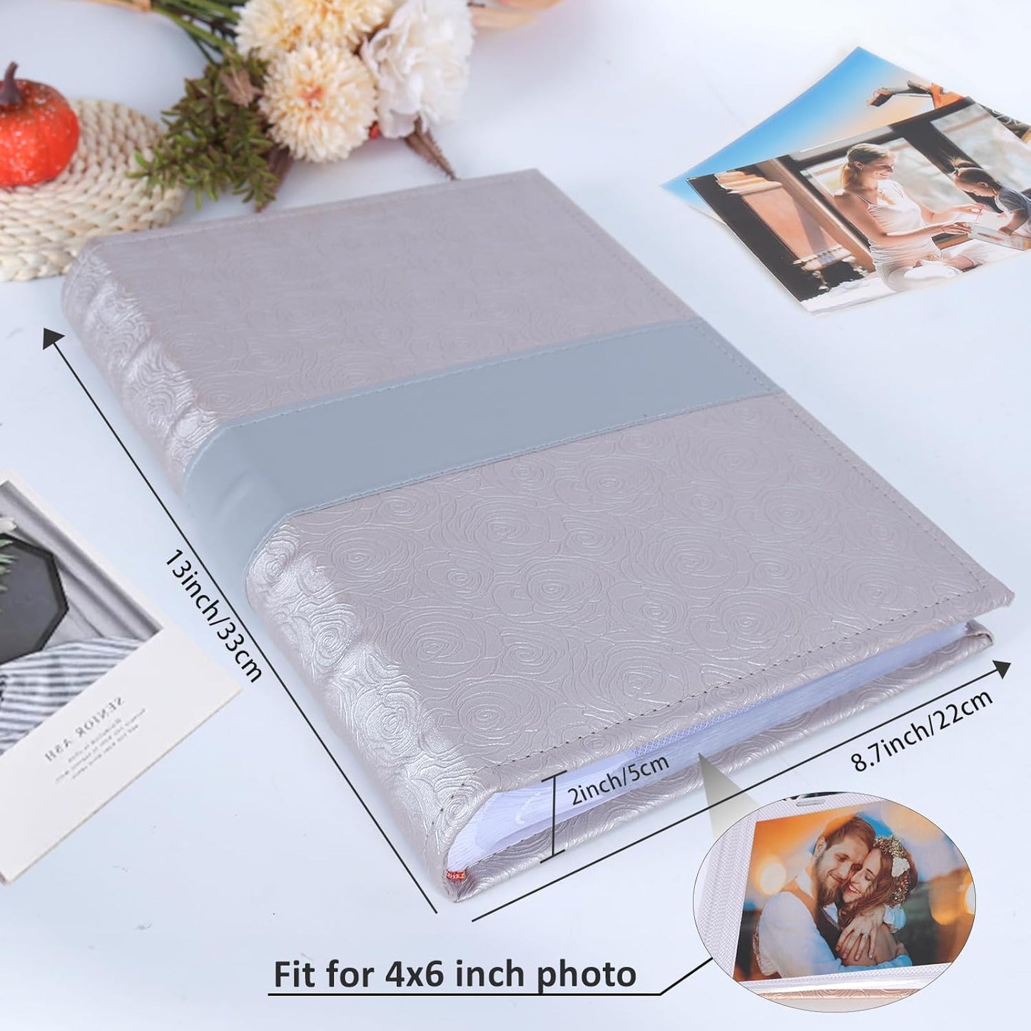 RECUTMS Photo Album with Writing Space 4x6 300 Pockets Photo Book,Leather Cover Picture Album with Memo Areas for Wedding Anniversary Family Baby Couple Valentines Graduation Travel (Grey)