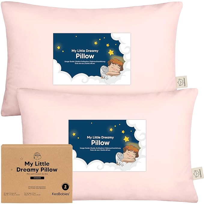 KeaBabies 2-Pack Toddler Pillow 13x18 - Soft Organic Cotton Kids Travel Bed Pillows for Sleeping, School, Nap, Machine Washable, Toddlers 2 to 5, Pillowcase Sold Separately (Mist Pink)