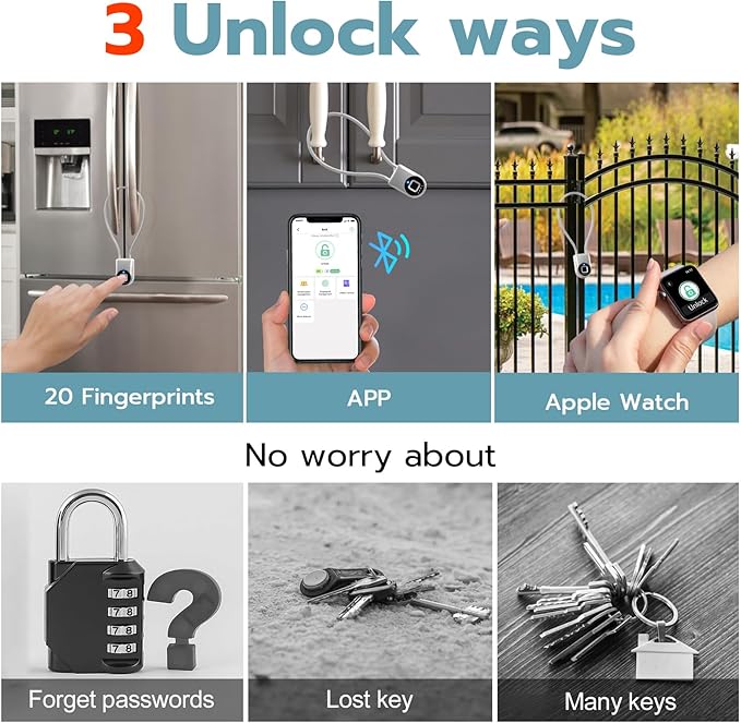 Fingerprint Cable Lock, Fridge Lock with Fingerprint Bluetooth APP Control, Smart Biometric Waterproof Child-Proof Refrigerator Locks for Kids & Adults Fridge French Door Cabinet Gate