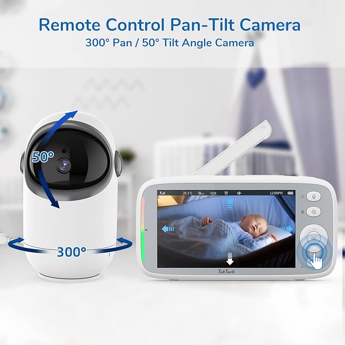 TakTark 5" HD 720P Baby Monitors, Video Baby Monitor with 2 Cameras and Audio, Night Light, 960ft Range, 2 Way Audio, Digital Zoom, Night Vision, VOX Sound Detection, Ideal for New Parent