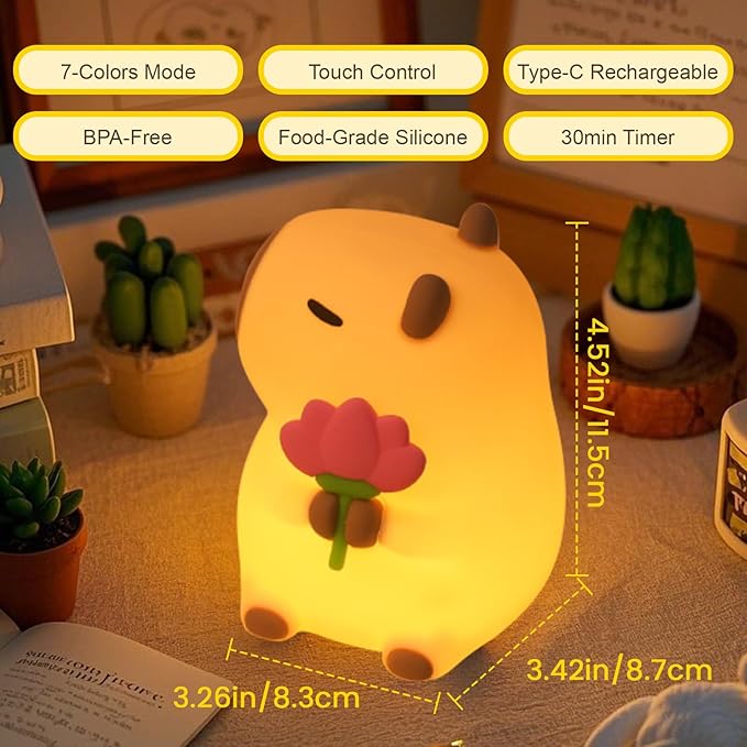Capybara Night Light, Nursery Lamp, 7-Color RGB & 3-Level Warm Dimmable Warm, Tap Control, 30Min Timer, 100% Safe &Soft Silicone, Adorable, Soothing Ambiance, Gift for Kids, Detachable Flower