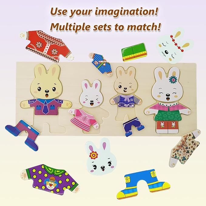 Wooden Bunny Family Dress-up Puzzle Box for Toddlers(72pcs),Change Clothes Puzzle Games, Preschool Learning Activities Toys for Kids Ages 3+