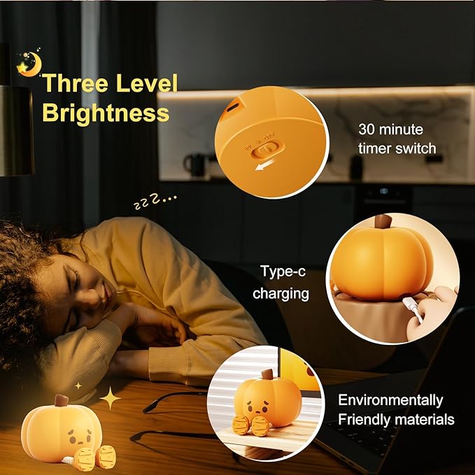 Pumpkin Night Light，LED Squishy Funny Pumpkin Lamp, Dimmable Silicone Light Up Nursery Nightlight, Rechargeable Cute Bedside Night Touch Lamp for Kids Girls (Pumpkin)