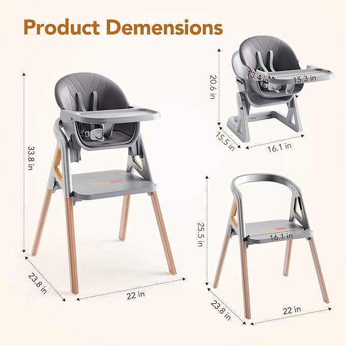 CoziBB Baby High Chair, 6-in-1 Convertible Growing Baby High Chair for Infants and Toddlers with Adjustable Plates and Seats, 5-Point Seat, Grey