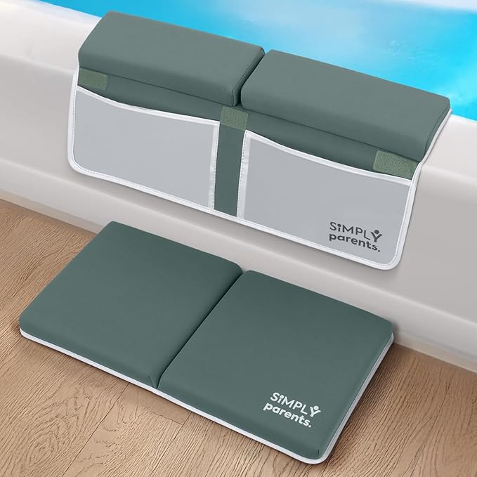 Baby Bath Kneeler and Elbow Rest Pad Set - Quick-Dry, Non-Slip Kneeling Pad for Bathing Toddler, Toy Organizer Pockets, Gift Box, Accessories for Tub, Green