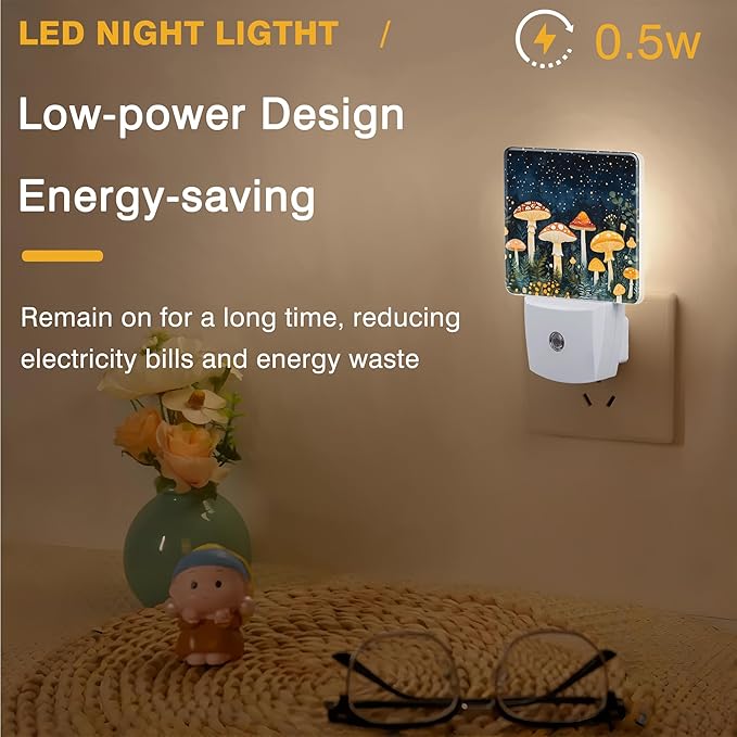 Mushroom in Fantasy Forest Night Light, Plug-in Nightlight with Dusk to Dawn Auto Sensor for Home Bedroom Hallway Kitchen 0.5W Sleep Friendly Led Lamp for Women Men