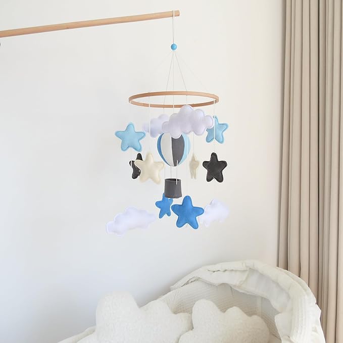 Sky Blue Hot Air Balloon Mobile for Crib Boho Baby Crib Mobile for Boys Girls Stars & Clouds Hot Air Balloon Baby Mobile for Crib