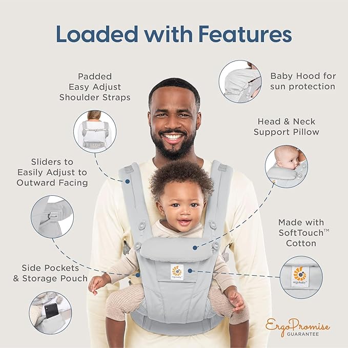 Ergobaby Omni Dream Cotton Baby Carrier Newborn to Toddler - Breathable Baby Carrier for Summer - All-Position Carriers for Newborn to Toddler with Lumbar Support (7-45 lbs) - Cotton, Pearl Grey