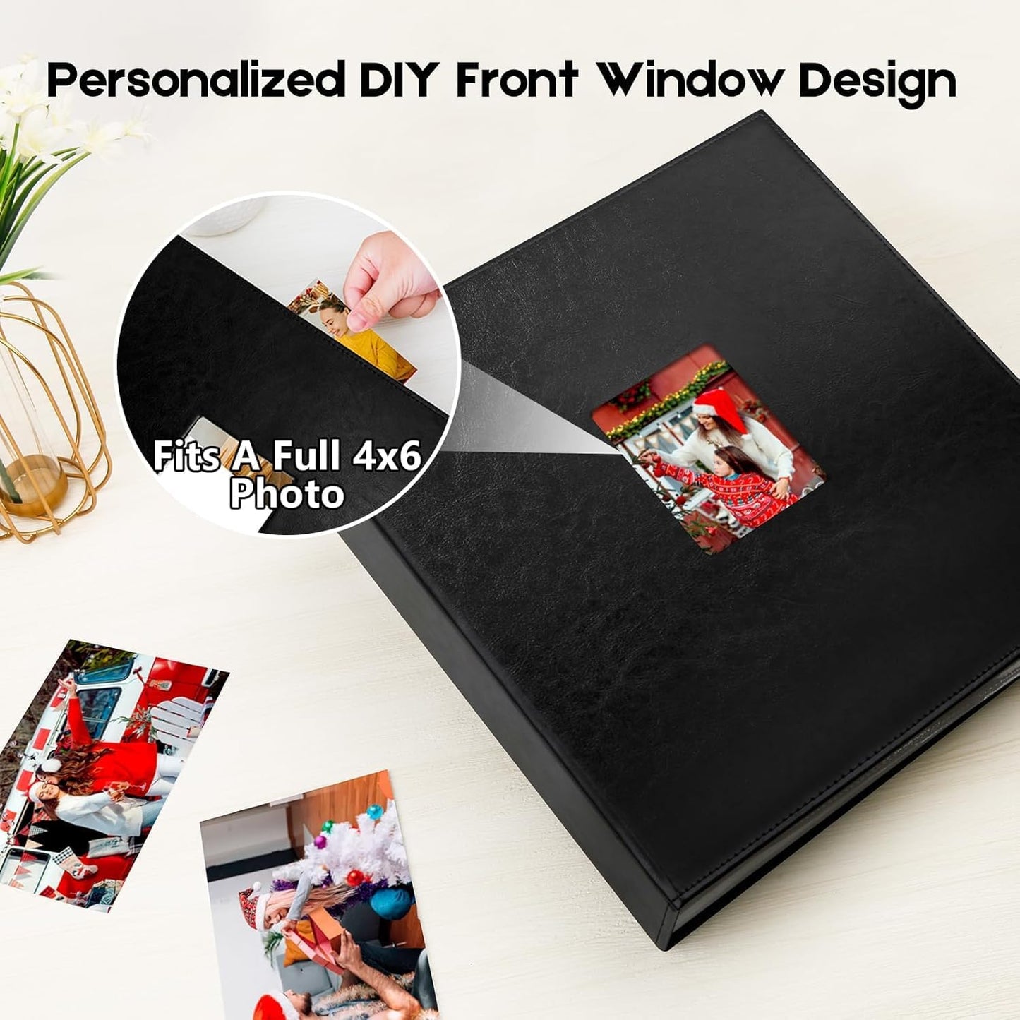 Aevdor 1000 Pockets Photo Album 4x6, Extra Large Capacity Leather Cover Wedding Family Photo Albums Holds 1000 Horizontal and Vertical Photos, Acid-free Pages 4x6 Photo Album with Front Window (Black)