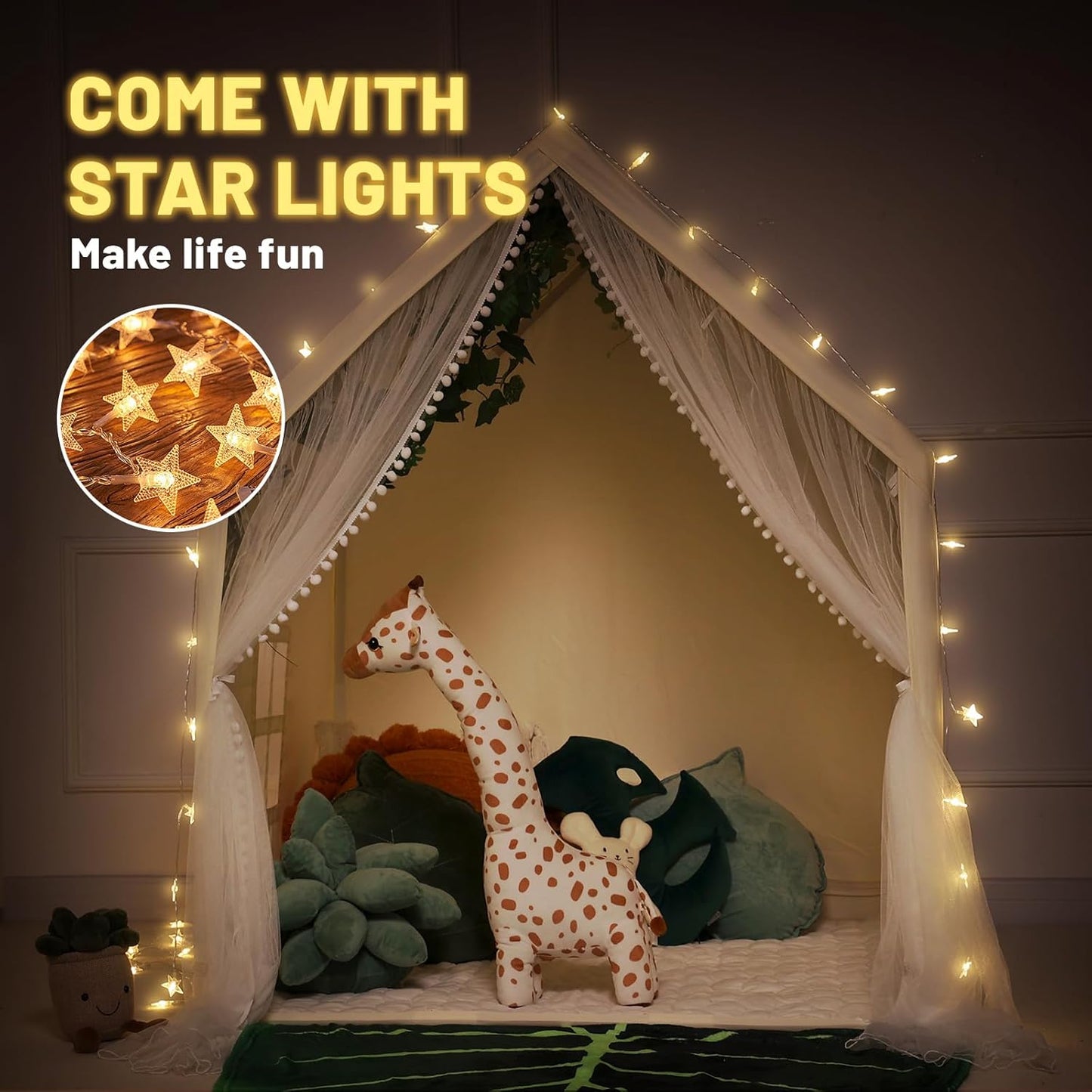 Wilwolfer Kid Tent with Mat, Star Lights - Kids Play Tents for Toddlers Kids Tents Indoor Playhouse - Princess Tent for Girls Toy House Gift (Beige with Mesh)
