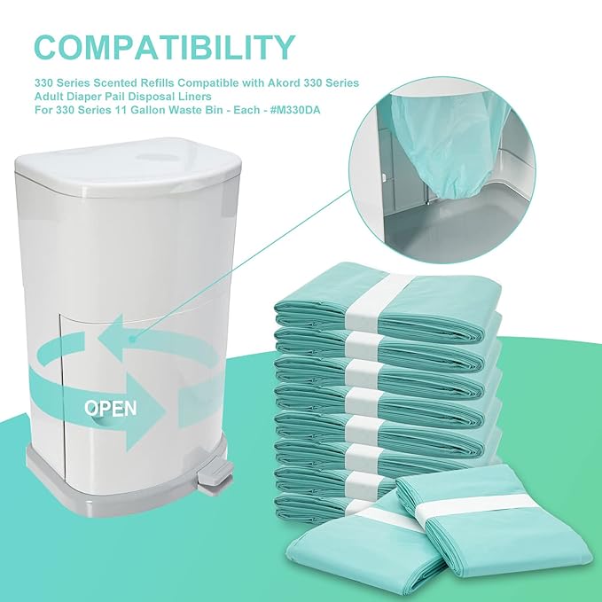 Diaper Pail Liner Refills Bags Compatible with Janibell Akord 330 Series Adult Diaper System, Green, Lightly Scented, 10 Count