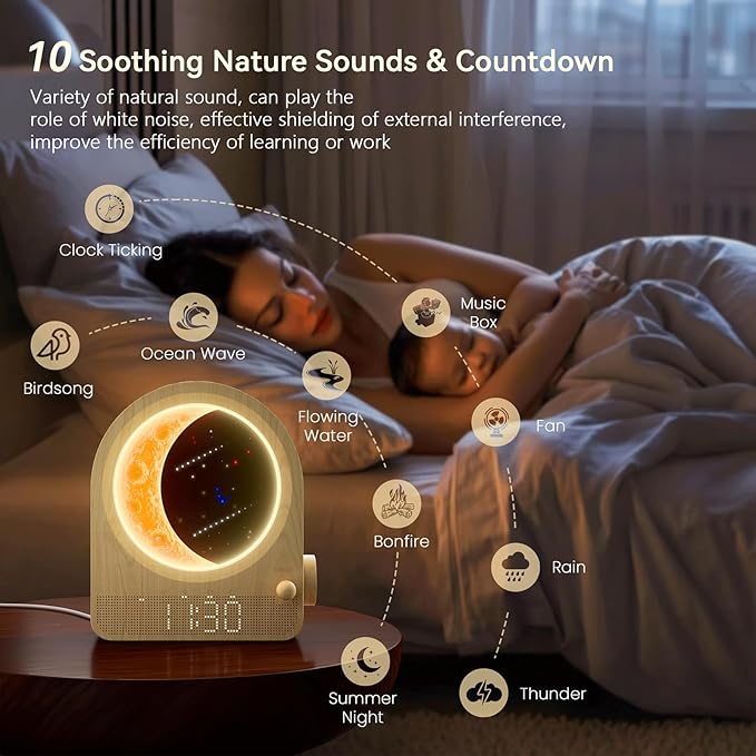 Sunrise Alarm Clocks for Bedrooms, Stepless Dimmable Moon Lamp Dual Alarm Clock Wake Up Light with 12Levels Volume for Heavy Sleepers, 10 Natural Sounds with 30/60/90min Timer Night Light