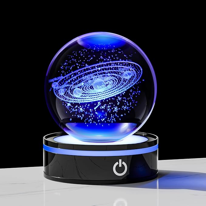 3D Solar System Model Crystal Ball Led Lamp Base - Space Decor World Globe Planets Sphere Night Light 80mm 3.15 Inch - Solar System Decor Birthday Astronomy Gifts for Men Physics Science Teacher