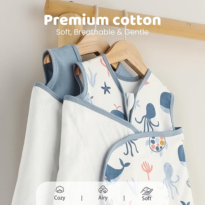 Baby Swaddle Sleep Sack 3-6 Months, Swaddles for Newborns Boy Girl, 3-Way Adjustable Infant Swaddle Wearable Blanket with Zipper & Detachable Wrap, 2 Pack Soft Snug Blue Whale