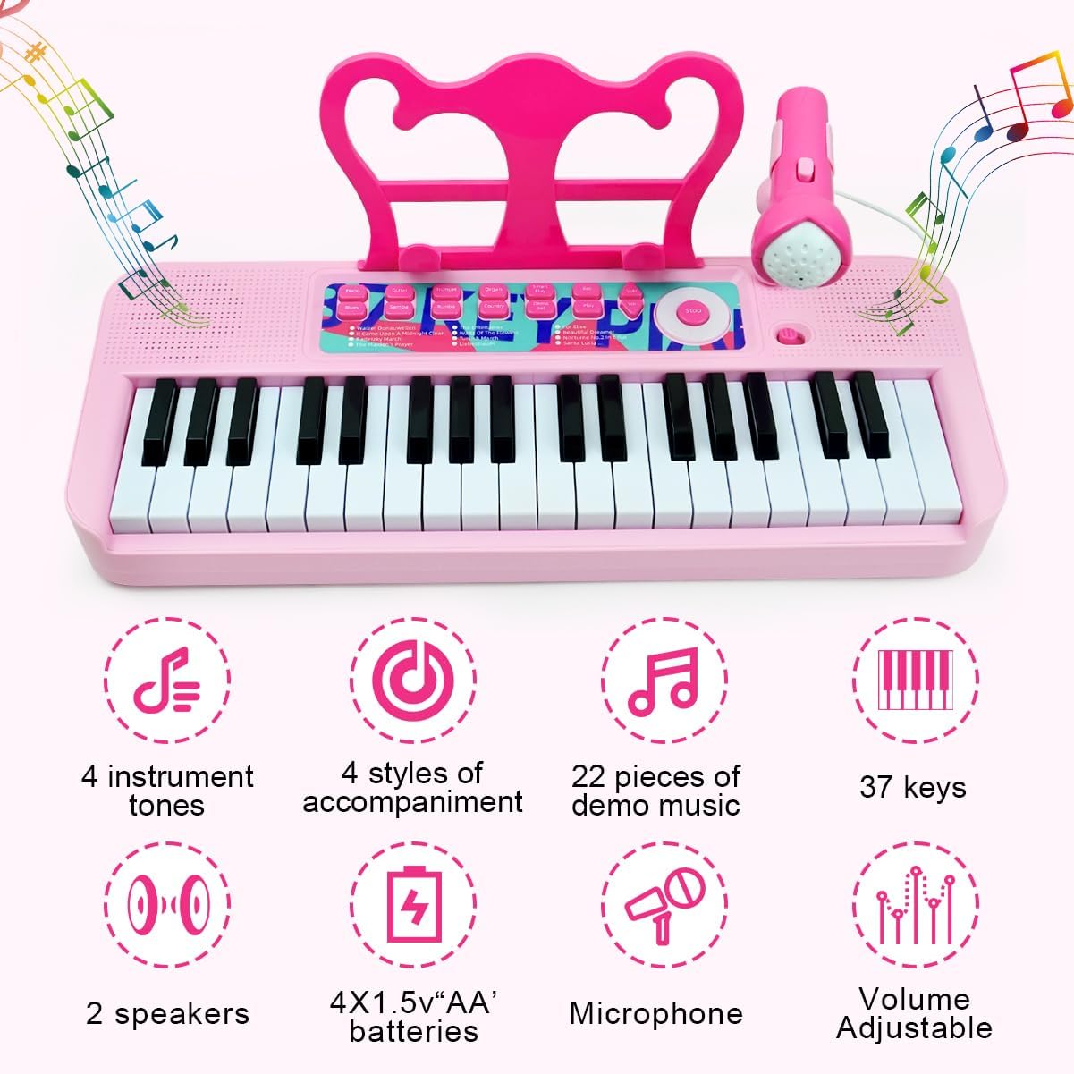 Kids Piano Keyboard Toy for Girls - 37 Keys Pink Toddler Piano with Microphone and Two Speakers, Electronics Musical Instrument,Christmas Birthday Gifts for Kids 3 4 5 6 7 8 Year Old Boys and Girls
