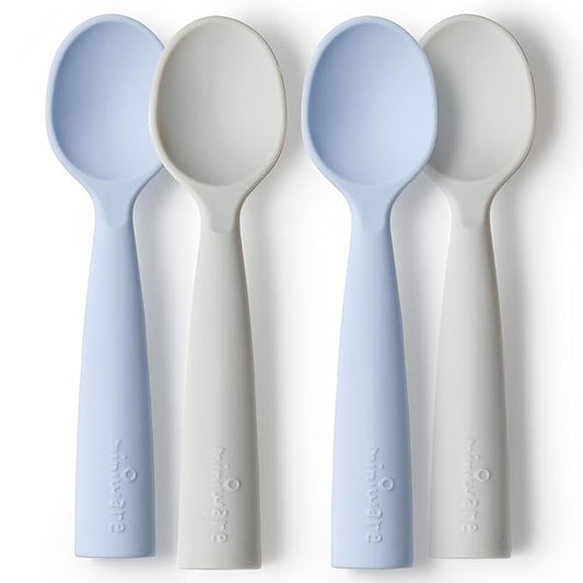 Miniware Silicone Baby Spoon for Training - BPA Free Baby Utensils - Baby Spoons Self Feeding 6 Months | 100% Food Grade Silicone - Modern & Dishwasher Safe Toddler Spoons (Grey and Lavender, 2 Pack)