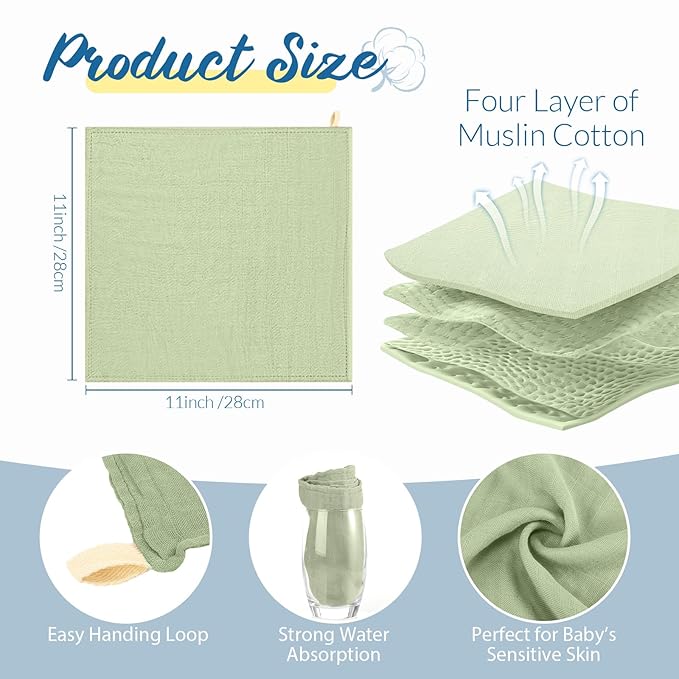 Preboun 6 Pcs Muslin Hooded Baby Towels and Washcloths 32"x 32" Cotton Newborn Bath Towel Anti-Shrink Infant Baby Blankets with Hood 12"x 12" Washcloths for Girl Boy Toddler(Light Blue,Green)