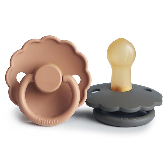 FRIGG Daisy Natural Rubber Baby Pacifier | Made in Denmark | BPA-Free (Graphite/Peach Bronze, 0-6 Months) 2-Pack