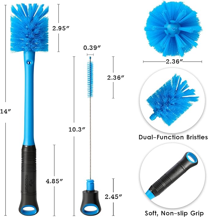 2-in-1 Water Bottle Brush and Straw Cleaner Brush, Long Handle Scrub Brush with Replaceable Head for Water Bottles, Glasswares, Mugs, Flasks, Tumblers, Vases, and Kitchen Sink, Breezy Blue