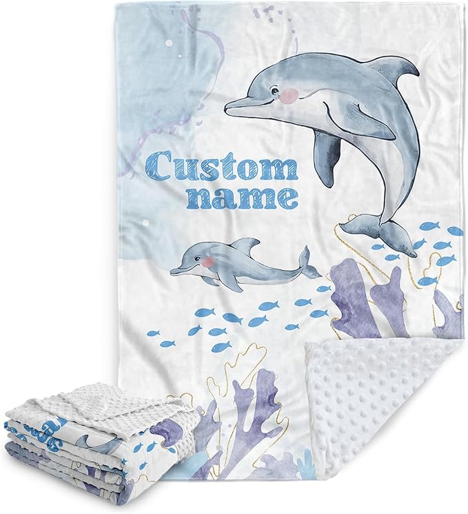 Custom Baby Blanket for Boys & Girls, Personalized Baby Blanket with Name, Soft & Cozy Dolphin Flannel Bed Blankets for Newborn Toddler, Customized Gifts for Shower Birthday Easter(47"x60")