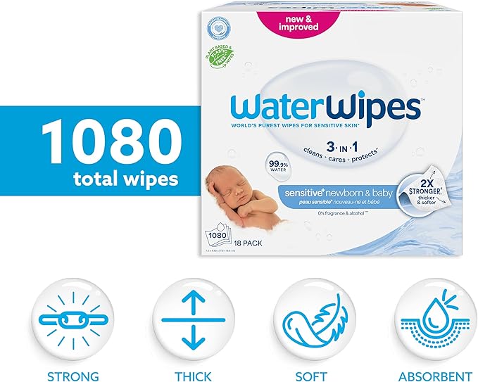 WaterWipes Sensitive+ Newborn & Baby Wipes, 3-In-1 Cleans, Cares, Protects, 99.9% Water, Unscented & Hypoallergenic, 1080 Count (18 Packs)