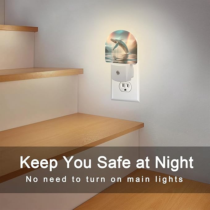 Jumping Whale Night Light for Kids, Ocean Marine Life Rainbow Night Light Plug in with Dusk to Dawn Sensor, 0.5w Energy Saving Sleep Friendly Nightlight for Hallway Stairway Kitchen Bedroom