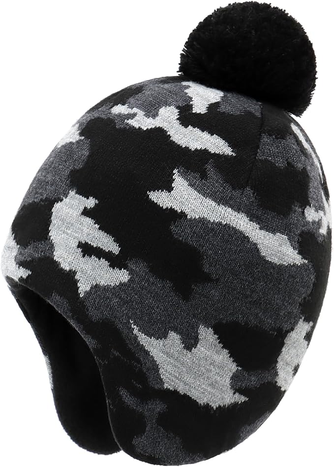 Duoyeree Kids Beanie Hat for Boys Girls Pom-pom Kint Hats Cozy Lining Winter Skull Cap