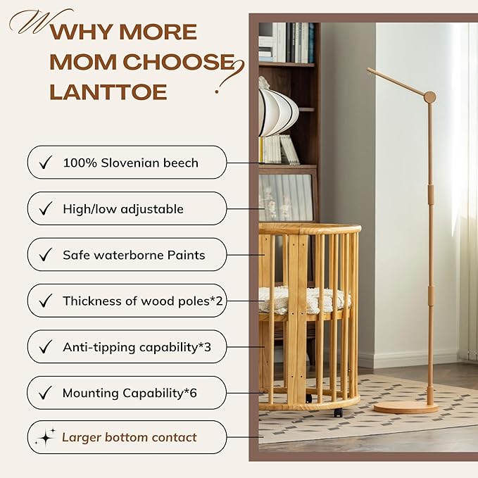 Wooden Floor-Standing Crib Mobile Arm Pro 61 Inches for Baby Nursery-Movable Baby Mobile Hanger with Strong Anti-Dumping Attachment-100% Natural Beech Wood-Thicker Wooden Pole-UpgradeThickened