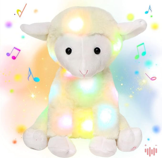 Hopearl LED Musical Stuffed Lamb Lighting Up Sheep Singing Plush Toy Adjustable Volume Lullaby Animated Soothe Birthday Gifts for Kids Toddler Girls, Beige, 11''