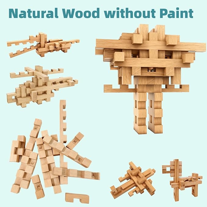 15 in 1 Educational Wooden Building Blocks - Mortise and Tenon Assembled into 15+ Various Shapes, STEM Toys Gift for Kids and Classroom, DIY Building Toys for Ages 5+ Teens Adults - 42 Pcs