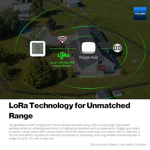 YoLink Indoor Hygrometer Thermometer, 2-Year Data Storage Export, Data loger, LoRa Tech, App Push, Email, SMS, Hub Required