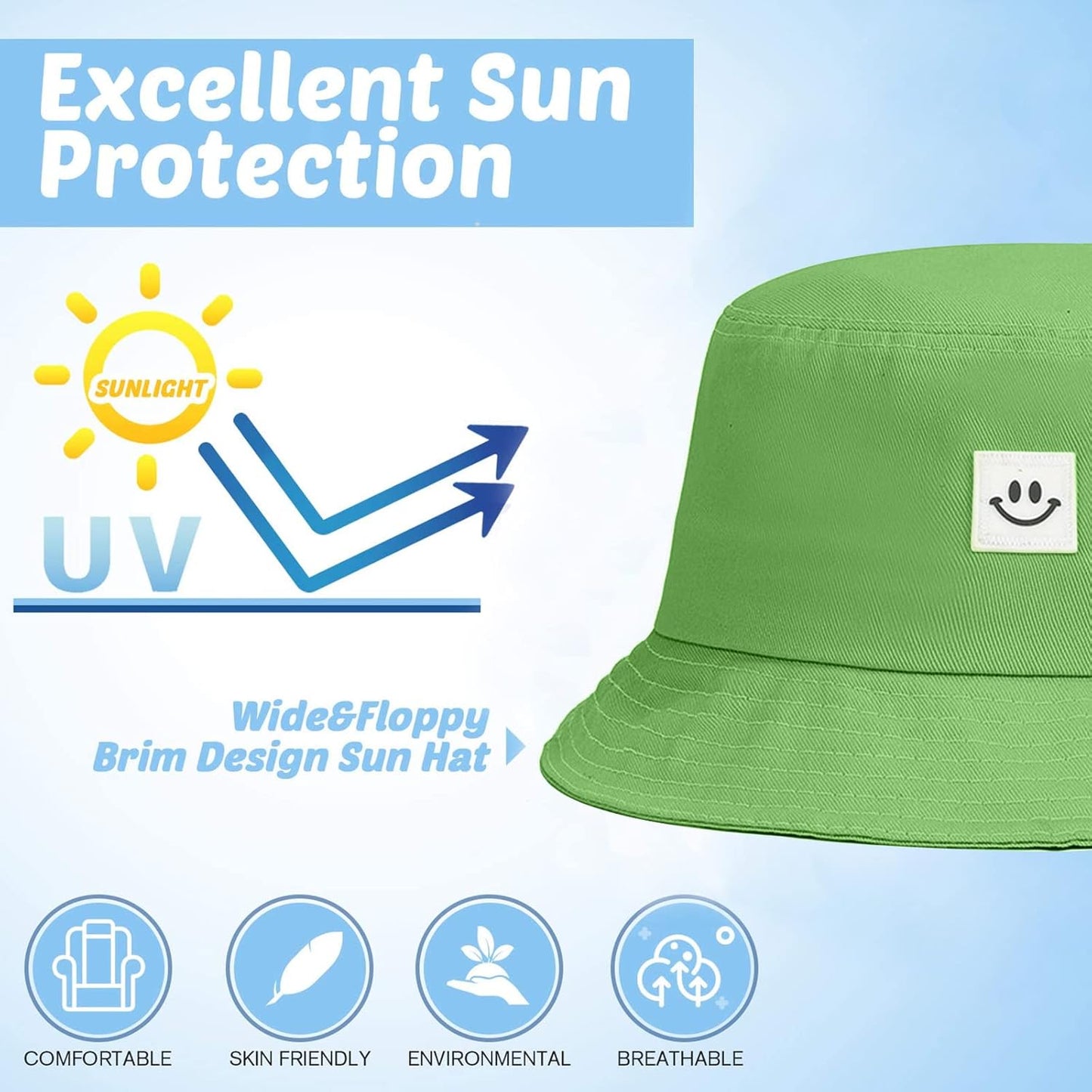 Kids Sun Hat Smile Face Bucket Hat for Girls Boys Summer Sun Protection Cotton Unisex Beach Cap