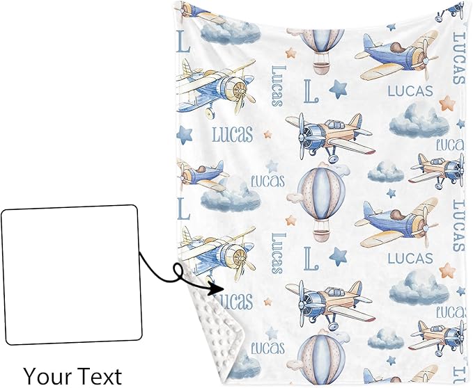 Personalized Baby Crib Bedding Set for Baby Boys Girls, Toy Airplane Pattern Custom Name Baby Crib Sets 5-Pcs, Toddler Double Layer Blanket Fitted Sheets Changing Pad Cover Rug Wall Art Set