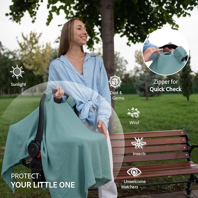 Nilsa 5-in-1 Muslin Nursing Cover up for Breastfeeding & Baby Car Seat Cover - Breathable Breastfeeding Cover With Rigid Hoop - 100% Cotton Privacy Apron Breast Feeding Covers For Women (Mint green)