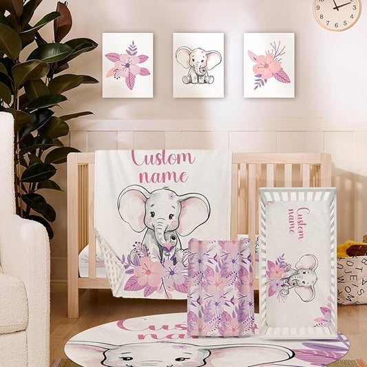 Personalized Nursery Crib Bedding Set: Custom Name Purple Flower 5 Piece Baby Crib Sets with Elephant Design - Toddler Double Layer Blanket Set, Comfortable Crib Bed Sheets for Baby Grils