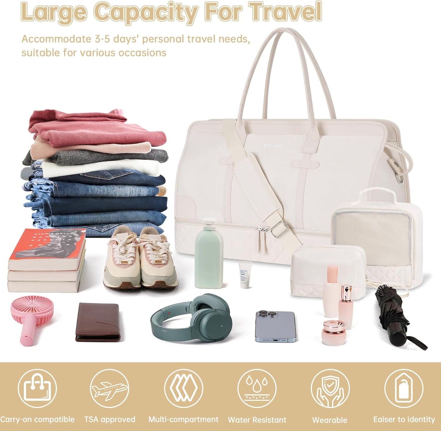 ETRONIK Weekender Overnight Bag for Women, Large Travel Duffle Bag with Shoe Compartment & Wet Pocket, Carry On Tote Bag Gym Duffel Bag with Toiletry Bag, Bag for Hospital 3 Pcs Set, XL Size, Beige