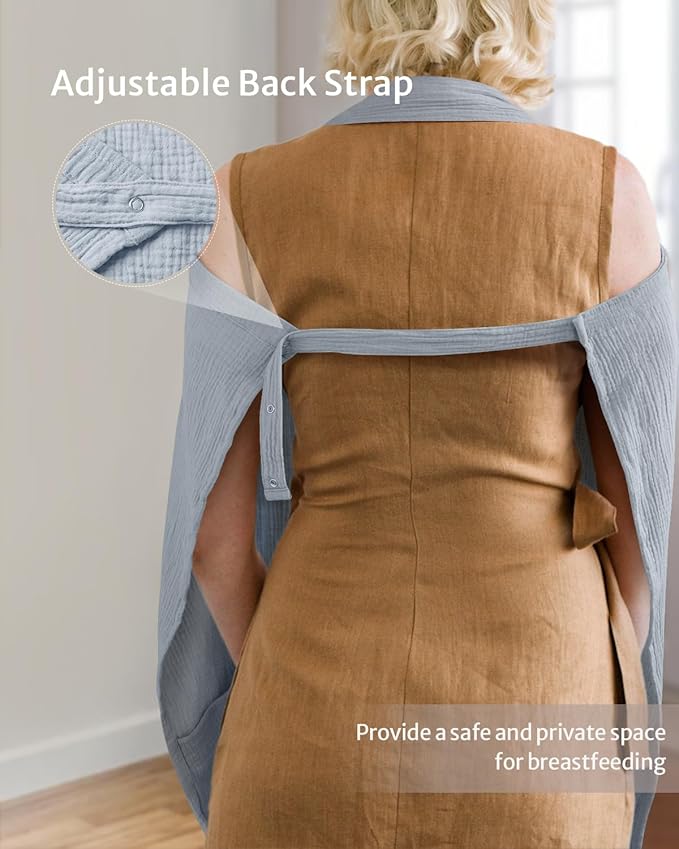 Blissful Diary Muslin Nursing Cover for Breastfeeding, Breathable Breastfeeding Cover up with Arch Neckline for Women, Nursing Apron(Light Blue)