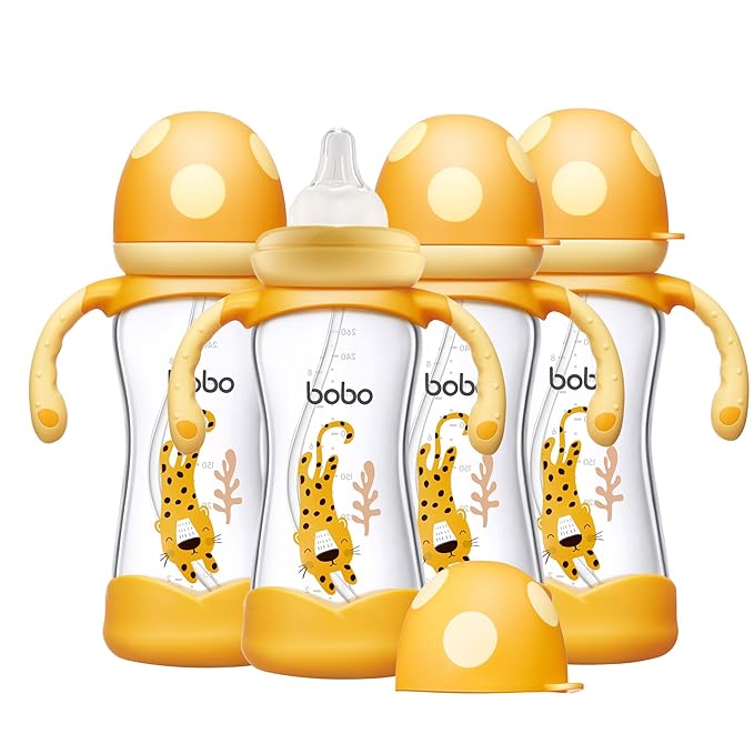 YOHKOH Natural Glass Baby Bottle with Natural Response Nipple, Wide Neck Baby Bottles with Handle, Newborn Anti-Colic Baby Bottles Gift Set, Clear (8.8oz (Pack of 4), Yellow)