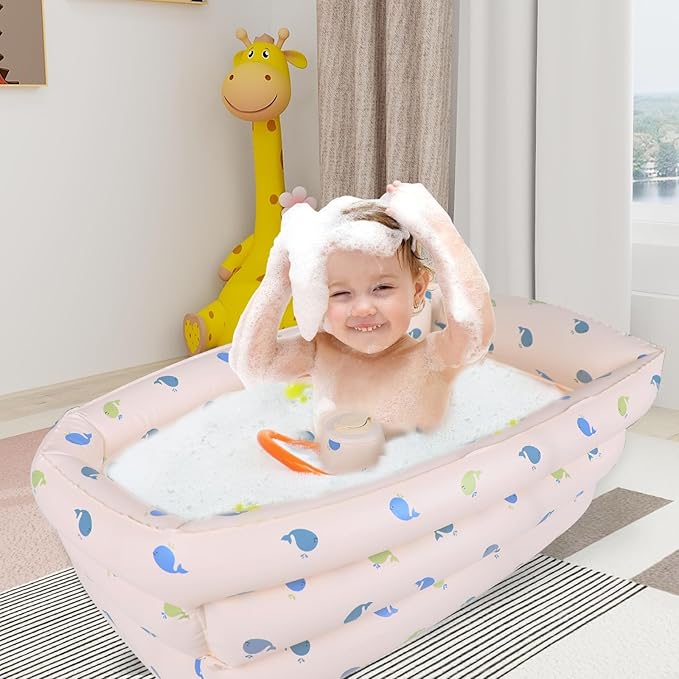 Inflatable Baby Bathtub with Built-in Air Pump, Portable Bathtub for Babies 1-5 Years Old, Small Ball Pool, Foldable Bath Tub for Travel, 30.7 x 14.6 Inch (Whale)