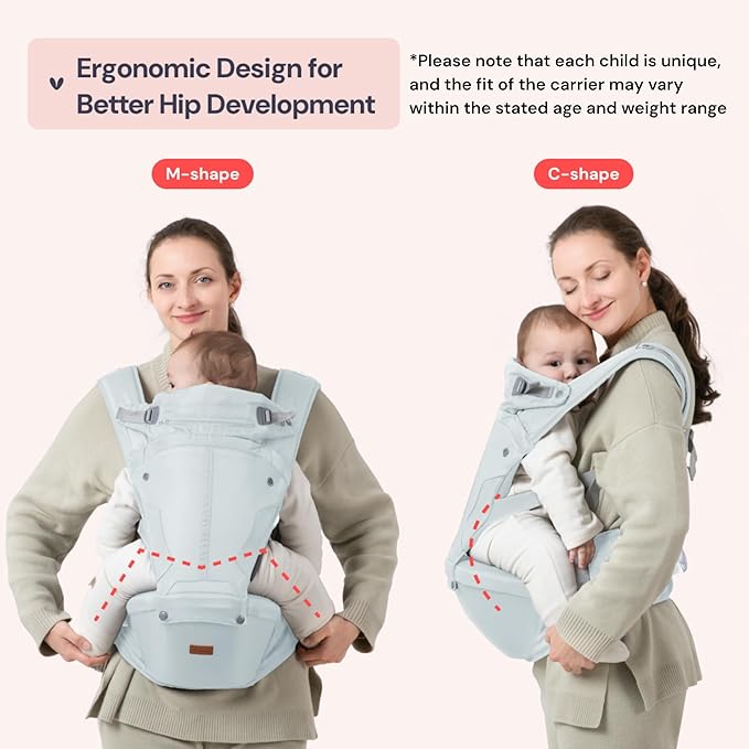 BabbleRoo Grow Carrier – Safety-Certified 6-in-1 Baby Carrier with Hip Seat, Ergonomic & Adjustable Toddler Carrier 7-50 lbs with Hip Support, Hood for Sun Protection, Newborn to Toddler, Seafoam