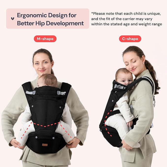 BabbleRoo Grow Carrier – Safety-Certified 6-in-1 Baby Carrier with Hip Seat, Ergonomic & Adjustable Toddler Carrier 7-50 lbs with Hip Support, Hood for Sun Protection, Newborn to Toddler, Black