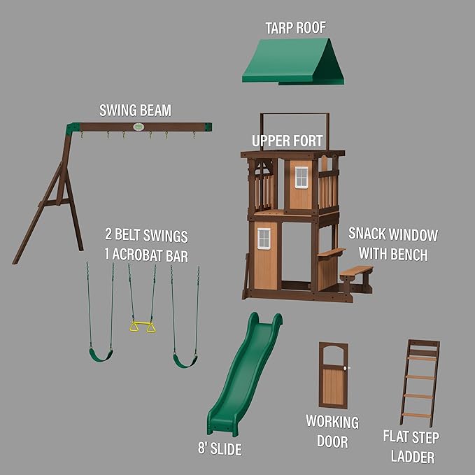 Backyard Discovery Lakewood Cedar Wood Swing Set with Wave Slide, Clubhouse, Playhouse, Snack Bar Window, Picnic Area, Belt Swings, Trapeze, Full Front Door, Windows, Step Ladder, Outdoor Playset