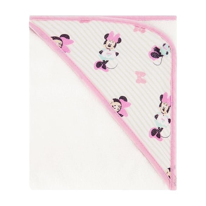 Disney Cudlie Baby Girl Minnie Mouse 2 Pack Rolled/Carded Hooded Towels in Tiny Stripe Print