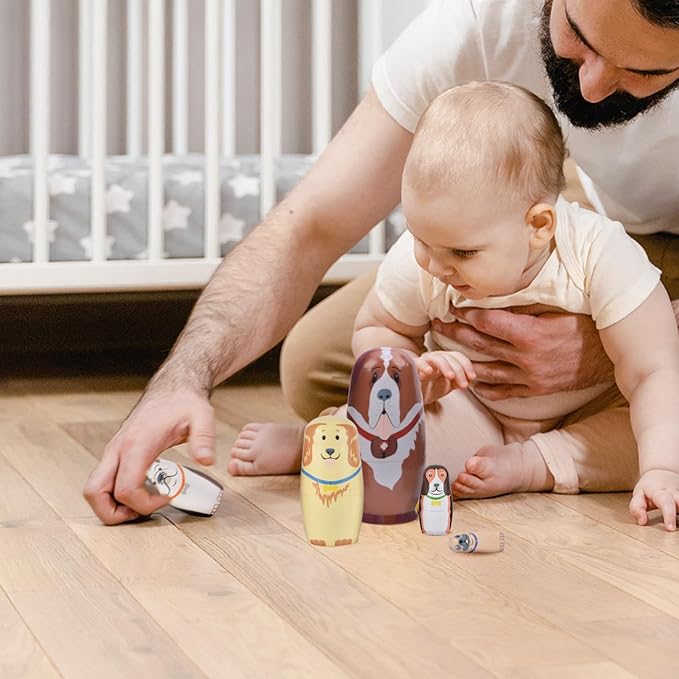 Nesting Dolls, 5Pcs 6" Tall Russian Nesting Dolls, Handmade Matryoshka for Kids, Wooden Stacking Toys for Christmas Home Wedding Party Decorations (Dog)