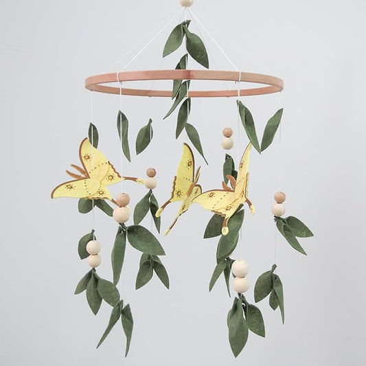 Forest Crib Mobile for Girls Boys, Yellow Butterfly & Green Leaves Baby Mobile for Crib, Butterfly Mobile for Crib Girl, Forest Nursery Mobile