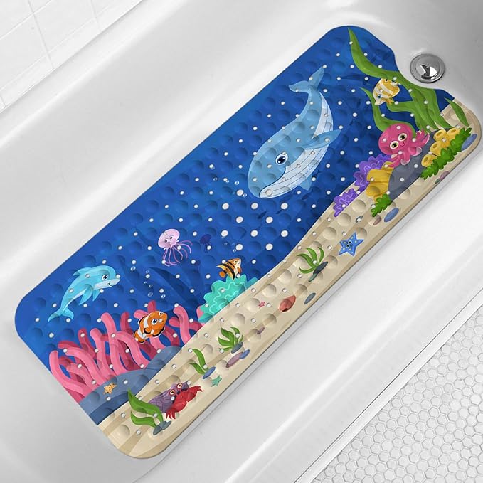 LNOND Bath Mat for Tub for Kids, Ocean Whale Bathtub Mat, Kids Bath Mats for Bathroom Non Slip with Drain Holes and Suction Cups,Machine Washable (40 X 16 Inch)