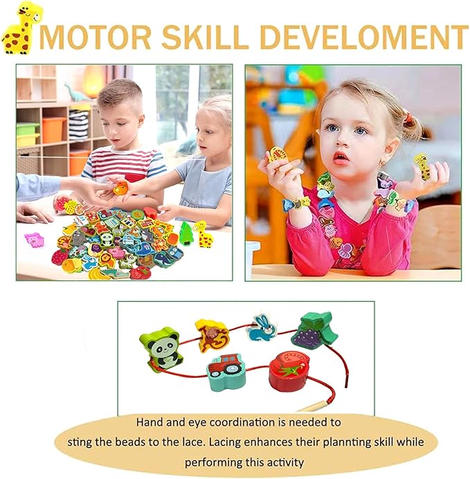 Montessori Wooden Lacing Beads for Kids,42 Pcs Preschool Activities String Car Animals Vegetables Beads Toys,Educational Threading Learning Beads Toys for Toddler 3 4 5 6 Year Old Boys Girls