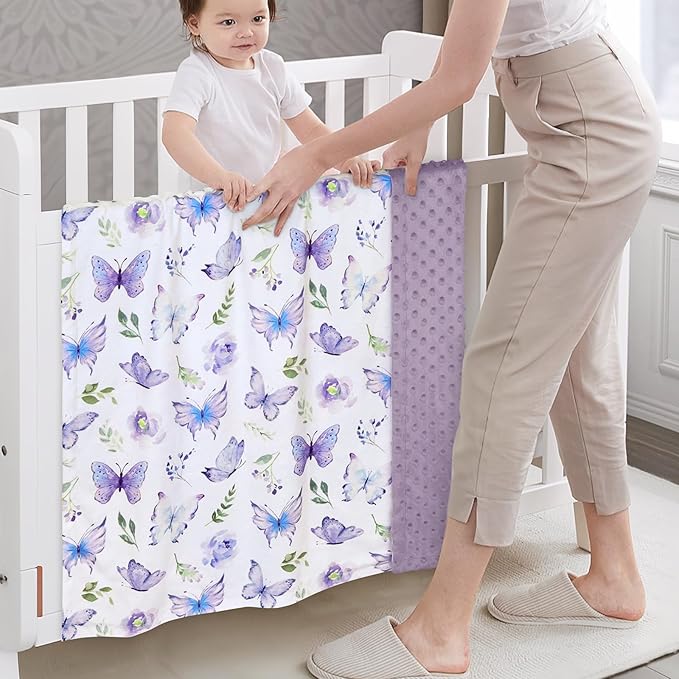 BORITAR Baby Blanket for Girls Soft Plush Minky Fabric, Double Layer Dotted Backing with Elegant Purple Butterfly Pattern Blanket Gift for Toddler Newborn Infant 30 x 40 Inch(75x100cm)