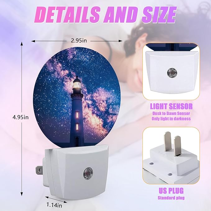 Nautical Lighthouse Night Light Starry Sky Night Lights LED Lamp Round Plug into Wall Nightlight with Dusk to Dawn Sensor Home Hallway Stairway Kitchen Decor